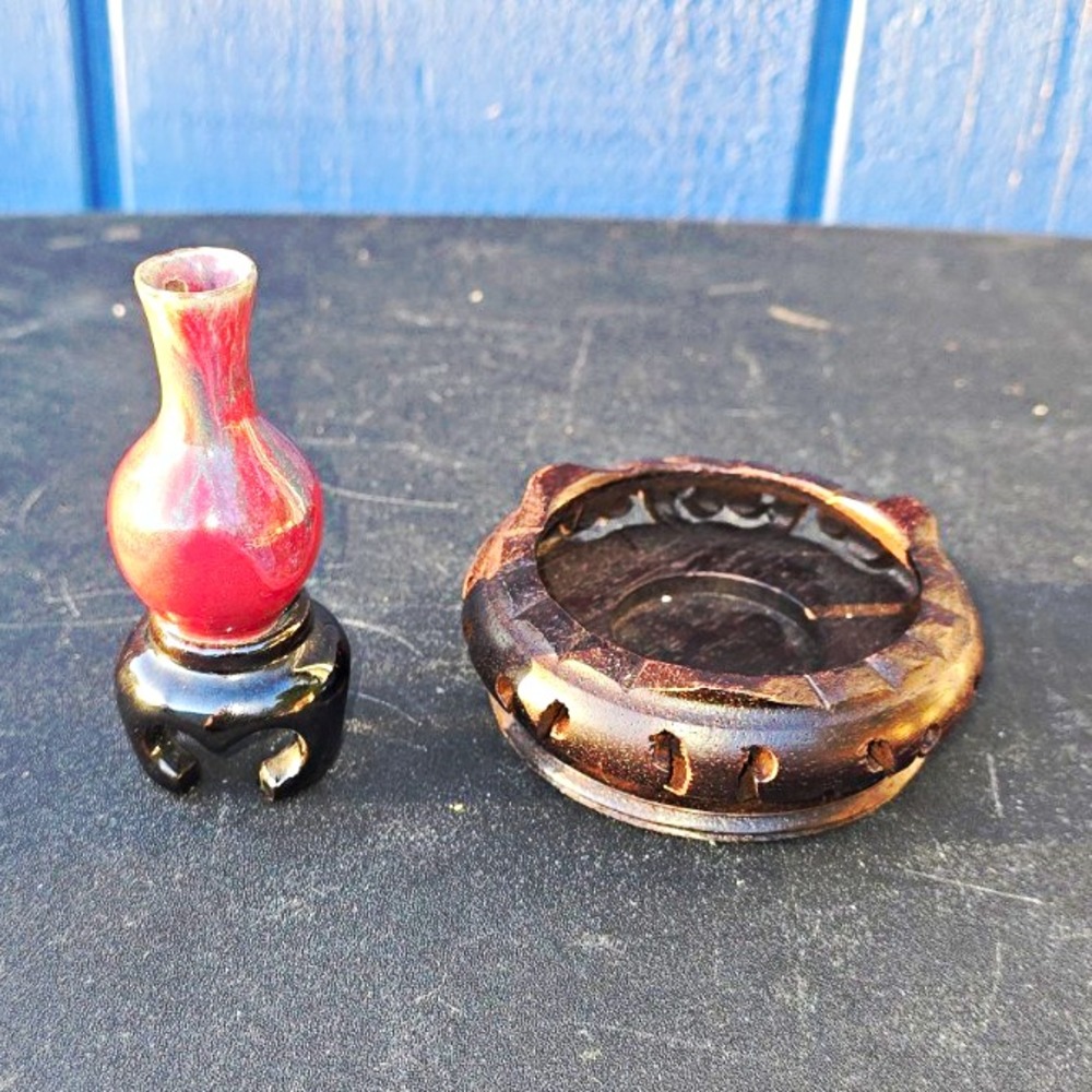 Miniature Red Glossy Ceramic Bud Vase 3in on Black Stand